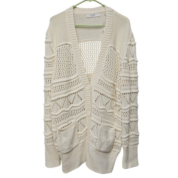 Joie Cardigan Sweater Large Pointelle Cable Knit Pockets Boyfriend Fit Fisherman - Picture 1 of 7
